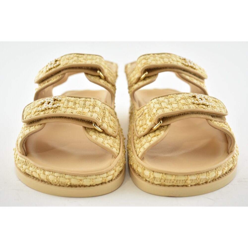 Chanel 21C Beige Raffia Pearl CC Logo Mule Slide Strap Flat Teva Dad Sandal 36 - Picture 6 of 12